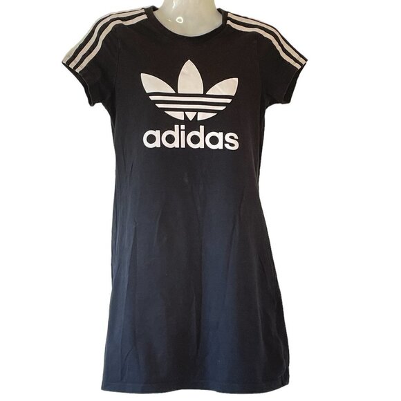 Adidas Girls T-Shirt Dress Black with White Trefoil Logo and Trim     Size M - Picture 1 of 7